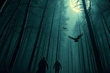 An intensely dense boreal forest falls into twilight. A trio of two men and a woman, scared for their lives, bolt from camp, running into the dark forest, away from something unseen but sinister and powerful, snapping trees as it crashes through the forest behind them. Owls and bats flee the forest in fear. The mood is tense and terrifying.