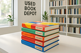 Gently used books with modern covers stacked on a clean white table at Used Book Depot, with bright shelves and sunlight in the background