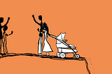 A sketch of a couple with a pram looking back and waving at some people while their forward motion carries them off a cliff