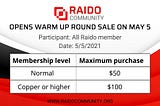 RAIDO OPENS WARM UP ROUND SALE ON MAY 5