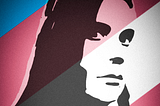 Stylized self portrait by the author. A high contrast silhouette against a background with the trans flag colours (light blue, pink and white).