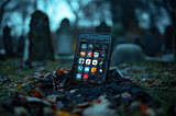 Photo of a bright and cracking mobile phone screen showing different app icons, half buried into the ground at a graveyard, very dark and horror scene, AI image created on midjourney by henrique centieiro and bee lee