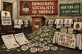 A gathering of the Democratic Socialists of America in a convention room with chairs, a podium with microphone, and signage. A Sign with an arrow pointing up to a door says “Godless Communist This Way.” Several election ballots laying on the ground titled “L.A. MAYOR” and "NY DISTRICT.” Campaign buttons on the ground says “We ♥️ Radical Socialists.” Several white t-shirts hanging over chairs say “WE ♥️ BERNIE!” A large pile of hundred dollar bills lay in front of the podium. A sign hanging from a table says “GET YOUR FREE STUFF HERE!” An old Road sign on the wall says “NEW YORK CITY 5 MILES AHEAD”