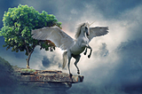 A winged unicorn on a rocky outcrop in a mystical setting