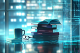 A modern, futuristic reading space with a sleek glass desk, ambient lighting, and a stack of glowing tech books, each with minimalist covers. In the background, digital code, neural networks, and abstract data streams subtly blend into the scene. The environment feels like a mix between a high-tech lab and a cozy library, symbolizing both innovation and reflection. A coffee mug and a pair of glasses rest beside the books, hinting at deep, thoughtful reading.