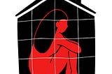 Vector illustration with woman sitting in house with bars