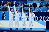 Photo by John Cheng. USA Gymnastics Team at Tokyo 2020 Olympic Games Silver Podium