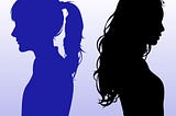 The silhouettes of two women facing away from each other. The girl on the left is blue and the girl on the right is black.