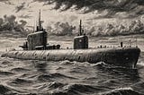 Monochrome image of a submarine out at sea.