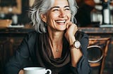 Photo of a smiling mature woman with gray hair and a cup of coffee.