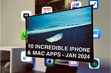Image of a monitor hanging on the wall showing an image of a cold beach with a piece of ice on the dark sand. The monitor is showing a text: 10 incredible iphone apps-jan 2024. Around the monitor are ten app icons and the device is near a white pc case. There’s an iPad below the monitor and a painting above it.