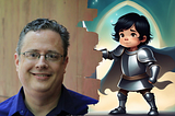 Photo of the author next to an illustration of a boy dressed like a knight