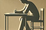 A minimalistic illustration of a man sitting at a table, writing in a notebook. The scene is calm and serene, with soft natural light illuminating the figure against a muted, earth-toned background. The man appears deep in thought, capturing a moment of quiet reflection.