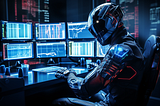 A robot in front of trading charts in multiple screens