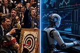 IMAGE: A blindfolded monkey throws darts in a chaotic trading floor while, on the other side, a calm humanoid AI analyzes market charts