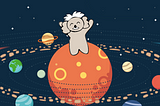 The image shows a stylized cartoon depiction of a koala in space, floating above a large orange planet. The koala appears happy or excited, with a broad smile and its arms raised. In the background, we see an array of planets with Earth visibly among them. The scene is set against a dark blue starry space background with the paths of the planets indicated by dashed lines.