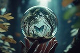 blue butterfly in a glass globe held on fingertips in a forest