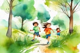 3 kids running along a path