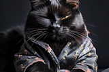 An AI-generated black cat, wearing blue patterned pyjamas and looking sleepy.