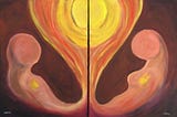 A golden sun radiates into abstract images of male and female.