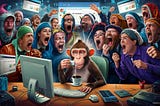A cartoon monkey on a computer being screamed at by lots of people