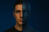 Split-face portrait showing half human face and half AI avatar, highlighting the blurred line between real and artificial in personal branding.