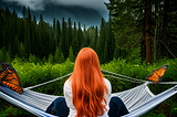 A women with red hair, sits on a hammock, looking out to a beautiful forest landscape. Two Monarch butterflies fly near her.