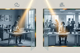 Split-screen showing isolated home worker on left and isolated office worker on right, with golden light above both