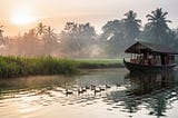 Kerala houseboat on calm backwaters at sunrise, with ducks swimming nearby and lush paddy fields in the background. A serene, misty morning scene.