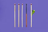 Five redhead matches on a purple background. One match is burnt out, but the final match has a green shoot growing out of it.
