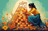 Woman in a blue and yellow outfit stacking blocks with scaffolding