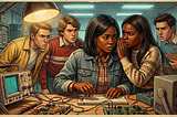 Two Black female engineering students with pressed hair in a 1980s lab. One woman looks uncertain as she works on a circuit board. The other leans in to whisper in her ear. White male students stand around them at a workbench.