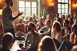 A storyteller passionately sharing their tale to a captivated audience, highlighting the emotional connection forged through storytelling.