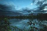 A dark, cloudy sky over a lake with plants, symbolizing ‘Calming the Storm: Handling Panic with Confidence.’ This image represents the natural tools we have, such as our breath, which can help ease anxiety and prevent escalation.