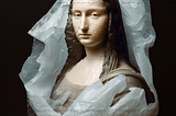An AI generated image showing Mona Lisa made of a plastic like material. Lines of texts says "is art dead?" repeated multiple times on top and bottom.