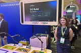 Bethan Williams, Canvas Reply designer, next to the GO Build demo area at the Reply Xchange tech fair.