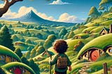 Cartoon of a hobbit hiking into Hobbiton, mountain in the background