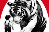A huge tiger towering over a little boy to illustrate being strict with children.