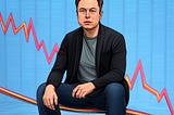 IMAGE: A comic image of Elon Musk sitting on the line of a downward stock graph