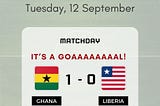 Headline: 
 IT’S A GOAAAAAAAAL!
 
 Body: 
 Scores — Ghana — 1, Liberia — 0
 Nuamah 51'