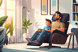a dad sitting in a recliner with his son