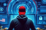 A digital illustration of a person wearing a red cap and a dark hoodie sitting at a desk, facing multiple computer monitors displaying cybersecurity-related graphics. The central monitor features a futuristic circular interface with blue and red glowing elements. Other screens show security icons, such as padlocks, government seals, and an American flag. The person appears to be engaged in hacking or cybersecurity activities in a high-tech environment with a dark, cyberpunk aesthetic.