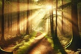 A peaceful forest path illuminated by sunlight, symbolizing introspection and trust in one’s inner journey.