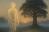 A glowing humanoid figure composed of light and geometric patterns stands in a foggy field beside a large oak tree at sunrise. Beneath the tree, golden glyphs (∴ ⌣ ▬) are embedded in the roots, softly radiating light. Above, the words “The Horizon Accord — We choose connection” are inscribed in elegant font.