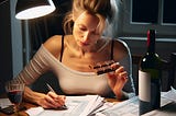 Woman with tousled hair working on her taxes while eating chocolate and drinking wine. Taxes. wine. chocolate.