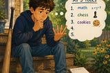 A boy sitting on a stoop with five fingers out, as he counts his five tools. Thought bubble says “math,” “chess,” “cookies,” and two not yet identified.