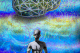 A person meditating in lotus position with a stylised brain with neuronal connections in the background.