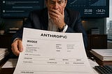 IMAGE: A large corporate invoice with the Anthropic logo. The invoice is crisp, official and intimidating. At the bottom, in enormous bold numbers, the amount “$500,000,000” is highlighted, with the line item reading “Claude tokens”. The invoice sits on the desk of a shocked CFO in a modern corporate boardroom. Screens in the background show AI chat interfaces and rising token usage graphs