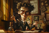A puppet writes. He smiles faintly at the viewer. In one hand, a cigarette leaks ash. Papers lay strewn before him, messy as the hair that tumbles from his head. A box of pens sits to his right.