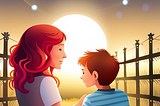 A woman stands with her son with a background of the moon.